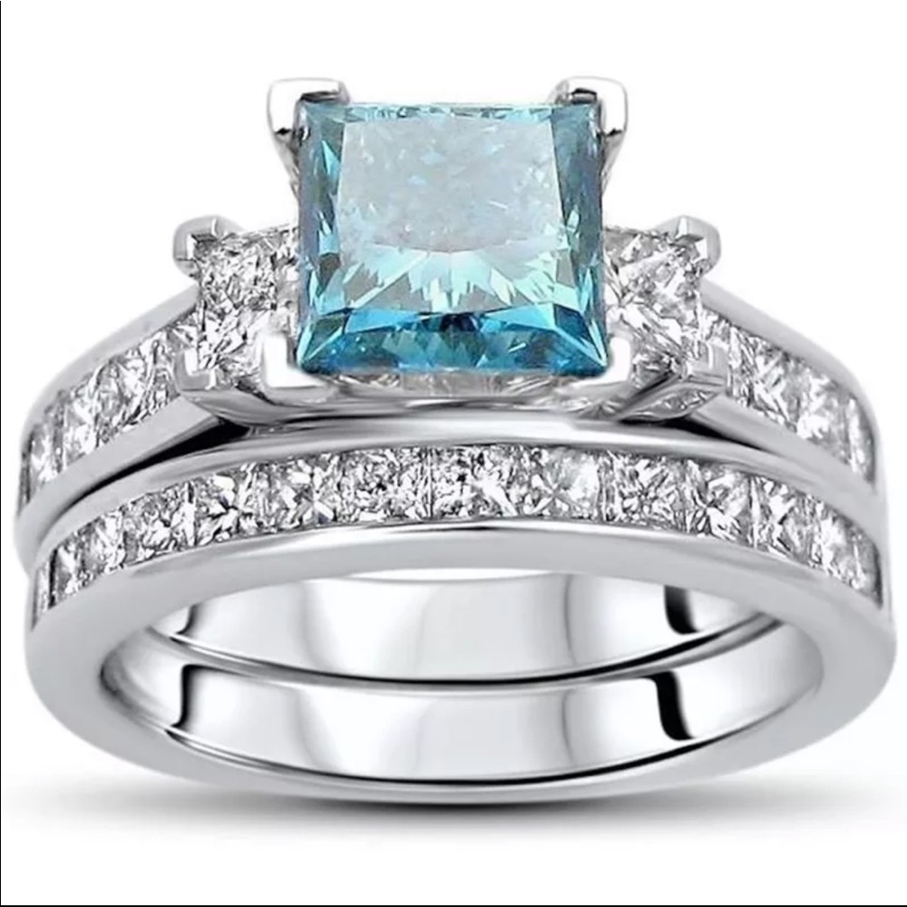 New 925 Silver Princess Cut Aquamarine Ring